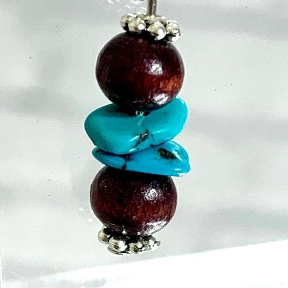 REIMAGINED Turquoise and Wooden Bead Hook Earrings - Picture 2 of 4
